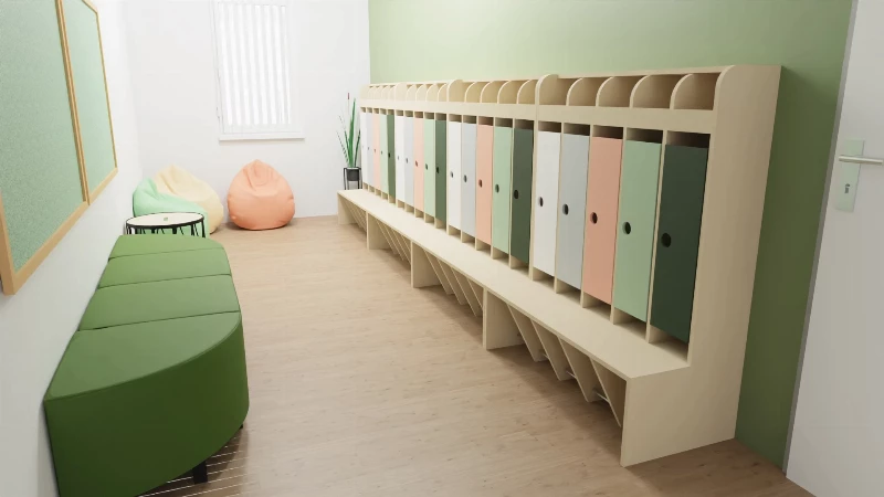 Predškolská šatňa s taburetkami Universum a sedacími vakmi
